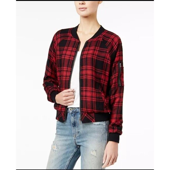 Sanctuary Dylan Plaid Bomber Jacket Utility Jacket Red Black Sz L - Picture 2 of 8